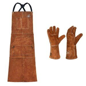 Leather Welding Apron & Gloves SET 24"x 42" Heat Resistant Stitch Pockets Unisex